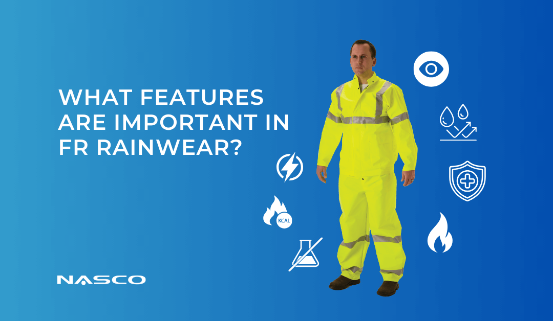 What Features Are Important In FR Rainwear? NASCO Rainsuit with safety icons surrounding it.