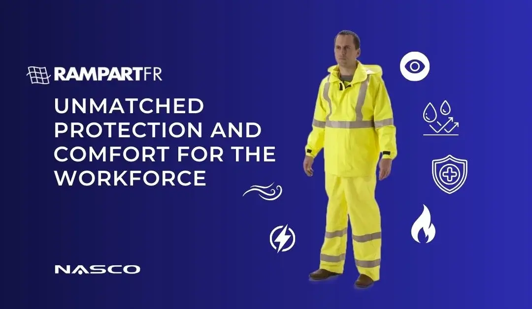 Lineman wearing NASCO Rampart FR with Safety icons around the image